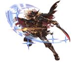  blonde_hair boots cape feathers full_body gloves granblue_fantasy hat lamp long_hair lucius_(granblue_fantasy) male_focus minaba_hideo official_art open_mouth orange_eyes solo sparkle sword teeth transparent_background weapon 
