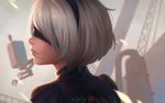  artist_name black_dress blindfold blurry closed_mouth covered_eyes crane depth_of_field dress from_side hairband koyorin mole mole_under_mouth nier_(series) nier_automata pod_(nier_automata) portrait profile robot shiny shiny_hair short_hair silver_hair stitches upper_body yorha_no._2_type_b 