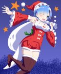  blue_hair hair_ornament hair_over_one_eye hat one_eye_closed pink_ribbon quatre_aaaa re:zero_kara_hajimeru_isekai_seikatsu red_ribbon rem_(re:zero) ribbon santa_costume santa_hat short_hair solo x_hair_ornament 