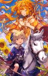  1girl :d ascot bangs belt blonde_hair braid bridle circlet closed_eyes cross-laced_clothes facial_mark fading flower hat highres horse horseback_riding jewelry lee_hyeseung long_hair long_sleeves necklace open_mouth original reins riding scepter shorts smile staff sunflower tarot the_sun white_horse 