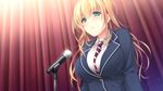  1girl ayase_hazuki blonde_hair blush breasts chobipero collared_shirt game_cg green_eyes highres indoors large_breasts long_hair long_sleeves looking_at_viewer microphone school_uniform solo standing upper_body zannen_na_ane_to_no_love_comedy 