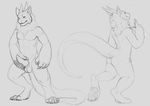  2016 alternate_species anthro balls biped black_and_white butt canine claws digital_drawing_(artwork) digital_media_(artwork) dragon drawolf erection front_view fur hi_res hindlegs holding_penis horn hybrid kale_(dragondruid) knot looking_at_viewer male mammal monochrome multiple_scenes neck_tuft nude pawpads penis presenting presenting_penis simple_background sketch smile solo standing tuft walking white_background wolf yaroul 