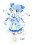  :d alternate_costume ankle_boots beige_footwear blue_bow blue_coat blue_eyes blue_hair blue_mittens blue_skirt blush boots bow cirno commentary_request detached_wings eighth_note eyebrows_visible_through_hair full_body hair_bow highres ice ice_wings leg_up long_sleeves looking_at_viewer mittens musical_note open_mouth pocket running scarf short_hair simple_background skirt smile solo striped striped_scarf tareme touhou translation_request uta_(kuroneko) white_background wings winter_clothes younger 