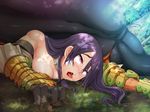 1girl ahegao areola black_lilith blush breasts defeated fucked_silly monster open_mouth purple_eyes purple_hair rape saliva tears tongue_out ~monsters_survive_makereba_monster_ni_seishoku_sareru~ 