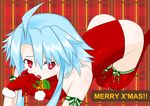  1girl ahoge all_fours artist_request ass bell blanc blue_hair blush choker choujigen_game_neptune christmas compile_heart gloves idea_factory leotard neptune_(series) open_mouth power_symbol red_eyes shiny shiny_clothes shiny_hair shiny_skin short_hair_with_long_locks solo thighhighs white_heart 