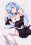  alternate_hair_length alternate_hairstyle black_ribbon blue_eyes blue_hair blue_nails blush breasts cleavage detached_sleeves eyes_visible_through_hair frilled_sleeves frills hair_ornament hair_over_one_eye highres large_breasts long_hair looking_at_viewer maid maid_headdress mery_(apfl0515) nail_polish pink_ribbon re:zero_kara_hajimeru_isekai_seikatsu rem_(re:zero) ribbon ribbon-trimmed_clothes ribbon_trim simple_background smile solo underbust white_legwear x_hair_ornament 