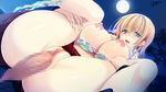  1girl areolae ayase_hazuki blonde_hair blush bra bra_pull breasts censored chobipero game_cg green_eyes highres large_breasts legs legs_up long_hair moon mosaic_censoring night nipples panties panties_around_leg parted_lips penis pussy red_skirt sex shirt_lift skirt sky smile solo_focus spread_legs thighs underwear vaginal zannen_na_ane_to_no_love_comedy 