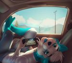  2078 anthro barefoot blue_eyes blue_fur canine car clothing dog fur looking_at_viewer male mammal multicolored_fur piercing sony tongue vehicle white_fur 