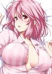  alternate_costume blush breasts buttons cleavage hair_between_eyes highres large_breasts looking_at_viewer lying no_bra nori_tamago on_back on_bed open_mouth open_pajamas pajamas pink_eyes pink_hair saigyouji_yuyuko short_hair solo sweat touhou upper_body 