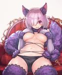  animal_ears areola_slip areolae asarokuji black_panties blush bra bra_removed breasts chair covering covering_breasts dangerous_beast elbow_gloves fang fate/grand_order fate_(series) fur_trim gloves hair_over_one_eye halloween_costume highres large_breasts looking_at_viewer mash_kyrielight navel o-ring o-ring_top open_mouth panties purple_eyes purple_gloves purple_hair purple_legwear revealing_clothes short_hair simple_background smile solo tail thighhighs underwear white_background wolf_ears wolf_tail 