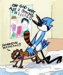  anal anthro avian bed bird blue_jay blush cum duo forced gay interspecies male mammal mordecai open_mouth penetration poster raccoon rape regular_show rigby sex sweat teeth unknown_artist 