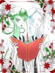  2others androgynous blue_eyes blue_hair book candle christmas colored_eyelashes crystal_hair easty euclase_(houseki_no_kuni) eyebrows_visible_through_hair eyes_visible_through_hair gem_uniform_(houseki_no_kuni) green_eyes green_hair hat heterochromia houseki_no_kuni jade_(houseki_no_kuni) long_hair looking_at_viewer multicolored_hair multiple_others necktie open_mouth robe short_hair silver_eyes silver_hair smile thick_eyebrows two-tone_hair upper_body white_eyes white_hair 