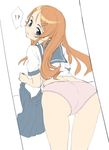  1girl akari_honoka ass bent_over blue_eyes blush brown_hair hair_ornament hairclip kousaka_kirino long_hair looking_back no_pants ore_no_imouto_ga_konna_ni_kawaii_wake_ga_nai panties pink_panties pleated_skirt school_uniform serafuku skirt skirt_removed solo underwear 