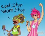  1girl clenched_hands crossover dark_skin dress fist_pump goggles hand_puppet israel_espinoza lazytown lucio_(overwatch) overwatch pink_dress pink_hair puppet stephanie_(lazytown) striped tracer_(overwatch) vertical-striped_dress vertical_stripes 
