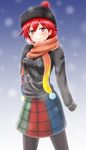  adapted_costume black_sweater blush clothes_writing hecatia_lapislazuli highres knit_hat looking_at_viewer migi_ma_hidari miniskirt multicolored multicolored_clothes multicolored_skirt pantyhose profanity red_eyes red_hair scarf short_hair skirt smile snow solo sweater touhou 