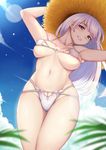  arms_up ass_visible_through_thighs bikini breasts cloud collarbone covered_nipples day from_below genjung groin hat lavender_hair long_hair looking_at_viewer original skindentation sky smile solo standing straw_hat summer swimsuit white_hair 