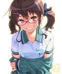  aoi_sora_(pairan) artist_name bangs black_ribbon blush brown_hair clothes_writing collarbone commentary_request eyebrows_visible_through_hair glasses green_jacket grin hair_ornament hair_ribbon hairclip head_tilt jacket long_hair long_sleeves looking_at_viewer low_twintails off_shoulder original pairan parted_lips red-framed_eyewear ribbon semi-rimless_eyewear shirt short_sleeves sidelocks simple_background sleeves_past_wrists smile solo tareme teeth track_jacket twintails under-rim_eyewear undressing upper_body white_background white_shirt wing_collar 