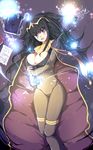  bad_id bad_pixiv_id black_hair blue_eyes bodysuit book breasts cape cleavage covered_navel echizen_(hvcv) eyebrows_visible_through_hair fire_emblem fire_emblem:_kakusei highres large_breasts long_hair looking_at_viewer pages smile solo tharja 
