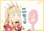  blonde_hair blue_eyes blush blush_stickers cagliostro_(granblue_fantasy) cape colorized commentary_request gomennasai granblue_fantasy hair_ornament hand_mirror hood long_hair mirror narcissism ribbon simple_background smile solo sparkle white_background 