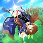 blue_sky bow brown_hair cloud day green_eyes hair_ornament highres if_(choujigen_game_neptune) long_hair looking_at_viewer neptune_(series) ribbon shika_tsui sky smile solo 