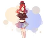  bad_leg bare_shoulders blush choker clothes_writing collarbone crop_top cui_ying hecatia_lapislazuli highres long_hair looking_at_viewer midriff miniskirt navel off_shoulder polos_crown red_eyes red_hair shirt skirt smile solo t-shirt touhou 