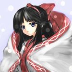  ainu_clothes bangs black_hair blue_eyes bow cape commentary_request hair_bow hairband long_hair nakoruru red_bow samurai_spirits shado_ne snow solo straight_hair 