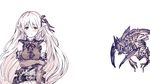  arisa_(shadowverse) bare_shoulders belt benitama blush elbow_gloves gloves green_eyes hair_ribbon long_hair monochrome pointy_ears rhinoceroach ribbon shadowverse very_long_hair vest 