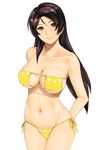  bikini black_hair breasts brown_eyes cleavage cowboy_shot dead_or_alive floral_print hair_down long_hair looking_at_viewer lowleg lowleg_bikini medium_breasts momiji_(ninja_gaiden) navel ninja_gaiden shu-z side-tie_bikini solo standing swimsuit yellow_bikini 