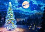  castle christmas christmas_ornaments christmas_tree city_lights cloud cloudy_sky commentary_request forest from_behind kun52 mountain nature night night_sky no_humans original outdoors reindeer santa_claus scenery sky snow snowflakes snowing snowman star_(sky) starry_sky winter 