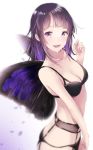  1girl ass bangs black_bra black_panties blurry blush bra breasts butt_crack butterfly_wings cleavage commentary_request crying crying_with_eyes_open garter_belt happy_tears highres lingerie looking_at_viewer medium_breasts medium_hair open_mouth original panties petals purple_eyes purple_hair sakippo_(sakippo0) semi-rimless_eyewear sidelocks simple_background smile solo standing tears under-rim_eyewear underwear wings 