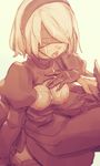  berg blindfold breasts breasts_outside cleavage_cutout cowboy_shot cum cum_in_mouth cum_on_body cum_on_breasts cum_on_gloves cum_on_upper_body dress facial large_breasts long_sleeves nier_(series) nier_automata nipples puffy_sleeves sepia short_hair sketch solo yorha_no._2_type_b 