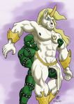  abs annoyed anthro ball_grab balls beachfox clothed clothing duo equine front_view grabbing_from_behind harness horn humanoid male male/male mammal muscular nipple_pinch nipples nude orc pecs pinch signature skimpy standing tusks unicorn 