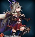  &gt;:) 1girl armor ass bangs breasts cape coldtrojan coloured doraf elbow_gloves female from_behind gene_(gear_gene) gloves granblue_fantasy grin hair_between_eyes horns large_breasts long_hair looking_back miniskirt patreon red_eyes sarasa_(granblue_fantasy) simple_background skirt smile solo thighhighs very_long_hair 