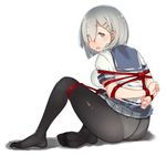  ass bdsm black_legwear blue_eyes blush bondage bound bound_arms breasts crotch_seam eyebrows_visible_through_hair eyes_visible_through_hair feet full_body grey_skirt hair_ornament hair_over_one_eye hairclip hamakaze_(kantai_collection) highres kantai_collection kei_(soundcross) large_breasts legs looking_at_viewer looking_back no_shoes open_mouth panties panties_under_pantyhose pantyhose pleated_skirt rope school_uniform serafuku shadow shibari shibari_over_clothes short_hair silver_hair sitting skirt skirt_lift soles solo teeth thighs underwear white_background white_panties 