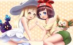  &gt;_&lt; 10s 2girls :d arm_support bangs bare_shoulders beanie black_hair blonde_hair blue_eyes blush blush_stickers child dkoro dress female female_protagonist_(pokemon_sm) hat highres interlocked_fingers lillie_(pokemon) long_hair looking_at_viewer multiple_girls nintendo off_shoulder open_mouth pantyshot pokemon pokemon_(creature) pokemon_sm polka_dot polka_dot_background print_shirt shiny shiny_hair short_hair shorts sun_hat twin_braids underwear white_dress white_hair white_panties yellow_eyes 