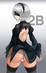  1girl ass backless_outfit black_legwear blindfold cameltoe dress highres long_sleeves mole mole_under_mouth nier_(series) nier_automata panties pantyshot pantyshot_(standing) short_hair silver_hair sinensian solo standing thighhighs underwear weapon white_panties yorha_unit_no._2_type_b 