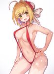  :d ahoge asarokuji blonde_hair blush bow breasts collarbone contrapposto covered_nipples fate/extra fate_(series) green_eyes hair_bow hand_on_hip highres medium_breasts navel nero_claudius_(fate) nero_claudius_(fate)_(all) open_mouth red_lightning red_swimsuit shadow simple_background slingshot_swimsuit smile solo standing strap_gap swimsuit v-shaped_eyebrows white_background wreath 