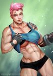  abs breasts fingerless_gloves gloves green_eyes large_breasts looking_at_viewer mismatched_gloves muscle muscular_female navel overwatch pink_hair scar scar_across_eye shirt_lift short_hair short_shorts shorts solo tank_top tattoo underboob watermark web_address ynorka_chiu zarya_(overwatch) 