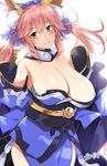  animal_ears areola_slip areolae bare_shoulders blush breasts brown_eyes cleavage fate/extra fate_(series) fox_ears highres japanese_clothes kimono large_breasts looking_at_viewer onodera_(einsatz) pink_hair simple_background smile solo tamamo_(fate)_(all) tamamo_no_mae_(fate) twintails white_background 