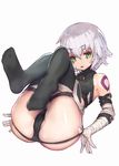  asarokuji ass bandaged_arm bandages bare_shoulders black_legwear black_panties blurry depth_of_field facial_scar fate/apocrypha fate_(series) feet highres jack_the_ripper_(fate/apocrypha) legs_up looking_at_viewer lying no_shoes on_back open_mouth panties panty_pull scar short_hair silver_hair skindentation soles solo thighhighs underwear undressing 