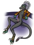  2016 alpha_channel anthro black_scales clothed clothing dreamkeepers hair hal_adhil male mancoin navel nude open_shirt penis reptile scales scalie solo the_wayward_astronomer white_hair yellow_eyes 