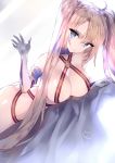 1girl ass bed_sheet blonde_hair blue_eyes bradamante_(fate/grand_order) breasts cleavage collarbone dutch_angle elbow_gloves eyebrows_visible_through_hair fate/grand_order fate_(series) gloves head_tilt large_breasts long_hair lying on_stomach solo touwa_nikuman twintails 