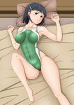  barefoot bed black_hair bob_cut breasts collarbone competition_swimsuit covered_navel green_eyes green_swimsuit hair_ornament hairclip highres impossible_clothes impossible_swimsuit inamochi_keiichirou kirigaya_suguha lying one-piece_swimsuit pillow short_hair smile solo swimsuit sword_art_online 