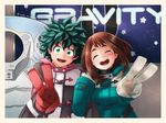  1girl ^_^ absurdres blush boku_no_hero_academia brown_hair closed_eyes coat couple freckles gloves green_eyes green_hair happy highres holding_arms indoors jacket midoriya_izuku open_mouth sada_mamesuke short_hair upper_body uraraka_ochako v winter_clothes winter_coat 