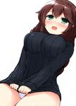  blush braid breasts brown_hair don_(29219) green_eyes kantai_collection large_breasts long_hair noshiro_(kantai_collection) open_mouth panties pantyshot ribbed_sweater simple_background solo sweater twin_braids underwear upskirt white_background 