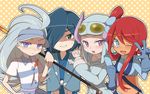  3girls ;d ahoge bangs blue_eyes blue_gloves blue_hair blue_hat blush breasts buttons closed_mouth collarbone collared_shirt crop_top elbow_gloves elite_four eyebrows_visible_through_hair frown fuuro_(pokemon) girl_sandwich gloom_(expression) gloves goggles goggles_on_headwear golf_club gym_leader hair_between_eyes hair_bun hair_over_one_eye hat hayato_(pokemon) highres japanese_clothes kahili_(pokemon) large_breasts long_hair long_sleeves mole mole_under_eye multiple_girls nagi_(pokemon) navel omikuji_(fortunemagnolia) one_eye_closed open_mouth orange_background outline over_shoulder pokemon pokemon_(game) pokemon_bw pokemon_hgss pokemon_oras pokemon_sm polka_dot polka_dot_background purple_eyes purple_hair red_hair sandwiched shaded_face shirt short_hair short_sleeves smile striped striped_shirt sweatdrop teeth tongue trait_connection v visor_cap 