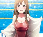  breasts brown_eyes brown_hair cleavage competition_swimsuit idolmaster idolmaster_cinderella_girls kabayaki_unagi lane_line large_breasts long_hair looking_at_viewer lowres mizumoto_yukari one-piece_swimsuit open_mouth pool smile solo swimsuit 