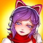  2016 ahri alternate_costume animal_ears arcade_ahri bangs blue_eyes cat_ear_headphones colored_eyelashes dated fake_animal_ears fox_ears glint head_tilt headphones league_of_legends lipstick looking_at_viewer makeup mole mole_under_eye parted_lips pink_lips portrait puffy_sleeves purple_hair red_scarf ryu_un scarf shiny shiny_hair short_hair signature solo star star-shaped_pupils star_print symbol-shaped_pupils teeth yellow_background 