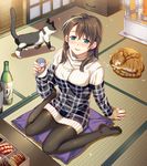  alcohol animal arm_support bangs beans black_legwear bottle box breasts brown_hair cake cat chest_of_drawers choko_(cup) cup cushion dress drunk earrings eyebrows_visible_through_hair fingernails food from_above green_eyes hair_between_eyes half_updo heart heart_earrings heater highres holding indoors jewelry kairi_(strawberry_drop) leaning_back light_particles lipstick long_hair long_sleeves looking_at_viewer makeup medium_breasts no_shoes on_floor original pantyhose parted_lips ribbed_dress ribbed_sweater running_bond sake sake_bottle shiny shiny_clothes short_dress shrimp sitting sliding_doors smile stud_earrings sweater sweater_dress table tatami turtleneck turtleneck_sweater wariza white_dress white_sweater wooden_floor zabuton 