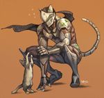  adapted_costume animal animal_ears arm_support armor artist_name bad_id bad_pixiv_id black_hair bodysuit brown_background cat cat_ears cat_tail cat_teaser cyborg floating_hair flying_sweatdrops full_body genji_(overwatch) helmet holding long_hair male_focus overwatch playing ponytail power_armor sae_(revirth) simple_background squatting tail 